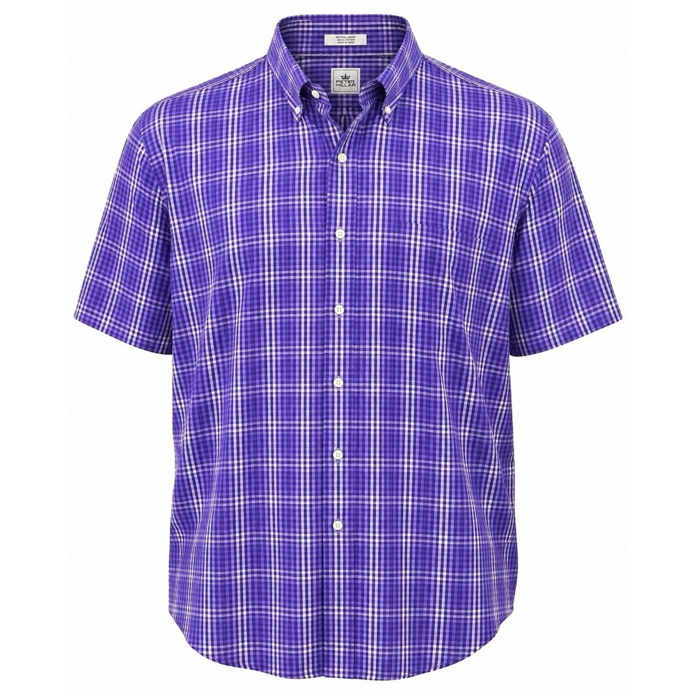 Peter Millar Button Down Shirt Mens Extra Large Purple Plaid Short Sleeve Cotton